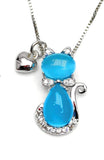 Girl Cat Necklace with Smooth Gemstone and Heart Pendant